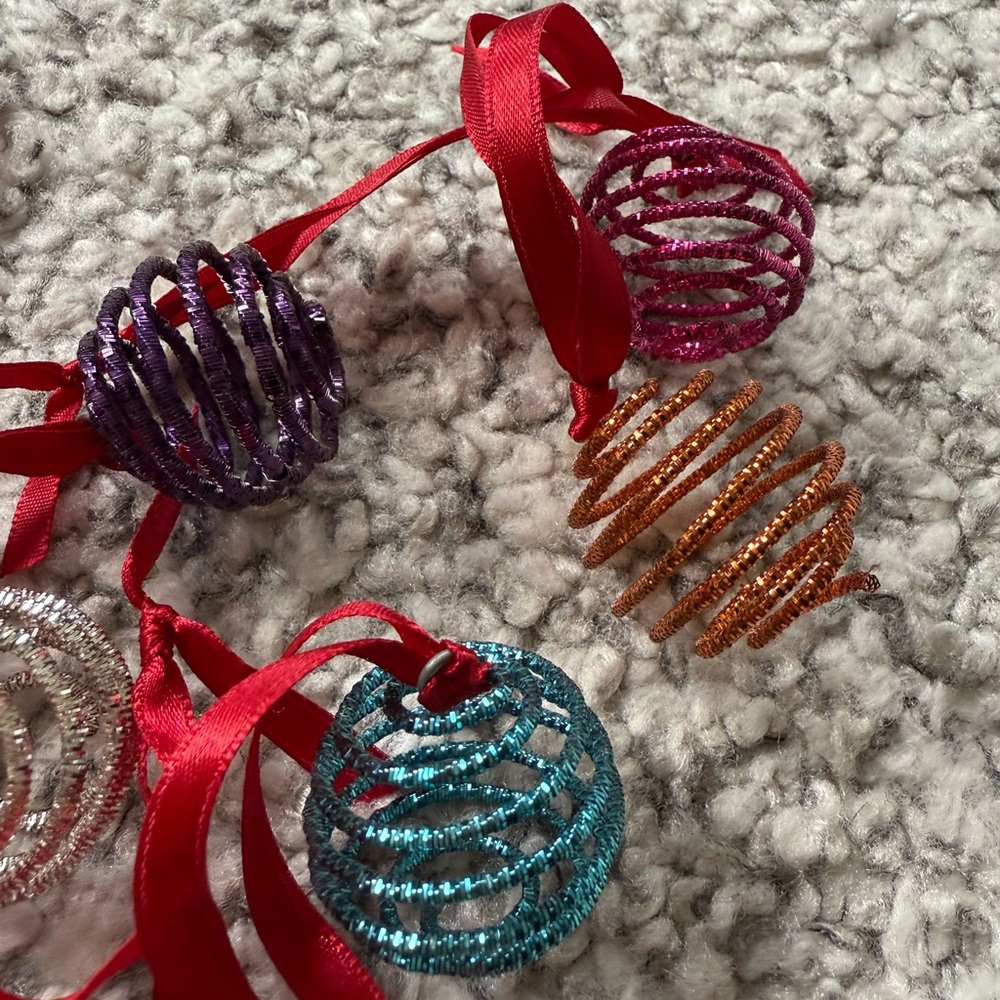 Crate&Barrel Multicolor Spiral Ornaments with Red Ribbon set of 12 - Picture 9 of 9